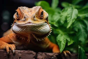 Close-up of an iguana reptile looking over a wall. AI generated Images