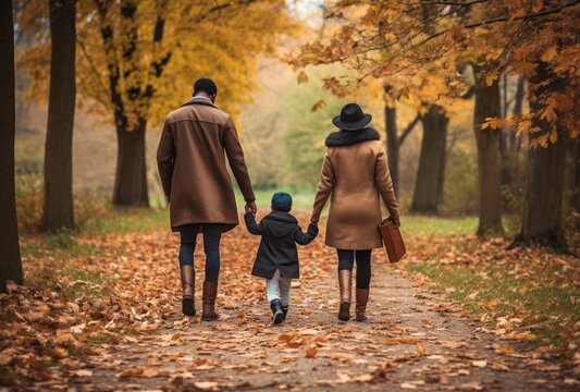 family walking in park autumn leaves on ground and trees. AI Generated Images