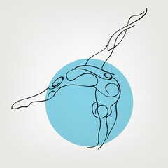 Curly gymnastics in the style of different weight lines , acrobatics, line vector silhouette, color circle on the background.