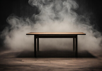 Table with Smoke, 
Smoky Dining Ambiance, 
Atmospheric Table Setting, 
Moody Restaurant Scene