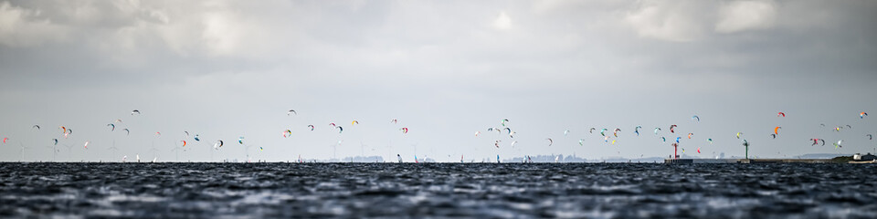 crowd of kite surfers