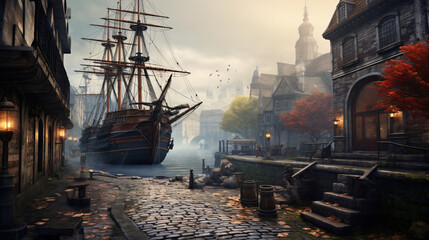 A pirate ship sailing through a foggy harbor