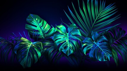 Tropical leaves framed by green and blue neon lights