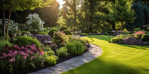 Beautiful garden maintained by a landscaper - obrazy, fototapety, plakaty