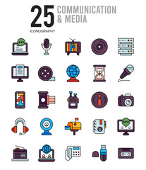 25 Communication And Media Lineal Color icon pack. vector illustration.