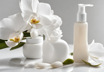 Obraz na płótnie Canvas White Orchid and Perfume Bottle, Elegant Floral Perfume Composition, Orchid Blossom with Fragrance, Perfume Bottle and White Orchid, Fragrant Orchid Bouquet