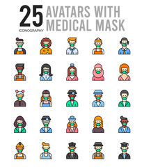 25 Avatars With Medical Masks Lineal Color icon pack. vector illustration.