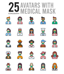 25 Avatars With Medical Masks Lineal Color icon pack. vector illustration.