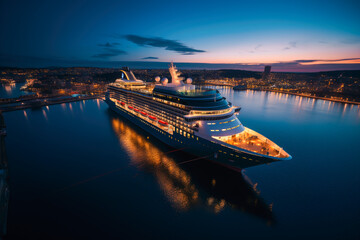 Cruise Ship Docked City Harbor Night - obrazy, fototapety, plakaty