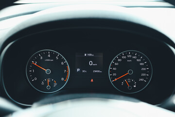 Car panel odometer speed fuel rpm km travel automobile dashboard - obrazy, fototapety, plakaty