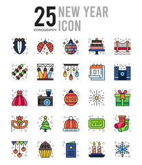 25 New Year Lineal Color icon pack. vector illustration.