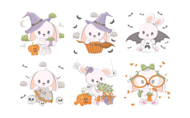 Set of Cartoon Halloween Rabbit. Collection of Cute Vector Halloween Hare Illustrations.