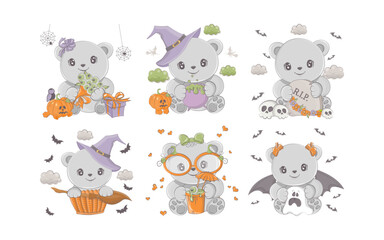 Set of Cartoon Halloween Bear. Collection of Cute Vector Halloween Animal Illustrations.