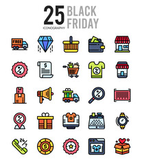 25 Black Friday Lineal Color icon pack. vector illustration.