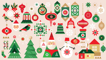 Merry Christmas and Happy New Year 2024  holiday   set icons  for design banner, poster, card, cover  Gifts, Santa, ball toy, christmas tree, snowflake   Modern Xmas flat cartoon  vector illustration