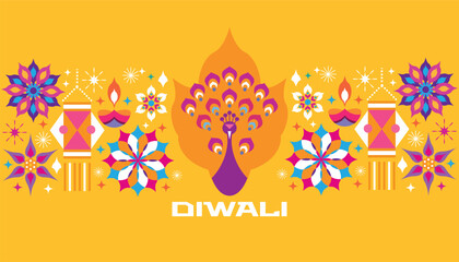 Traditional Indian festival Diwali. Happy Festival of lights Deepavali Template  banner, poster, greeting card Festive Burning diya graphic design background Vector abstract flat illustration