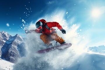 Snowboarder jumping in the air in fresh snow powder - obrazy, fototapety, plakaty
