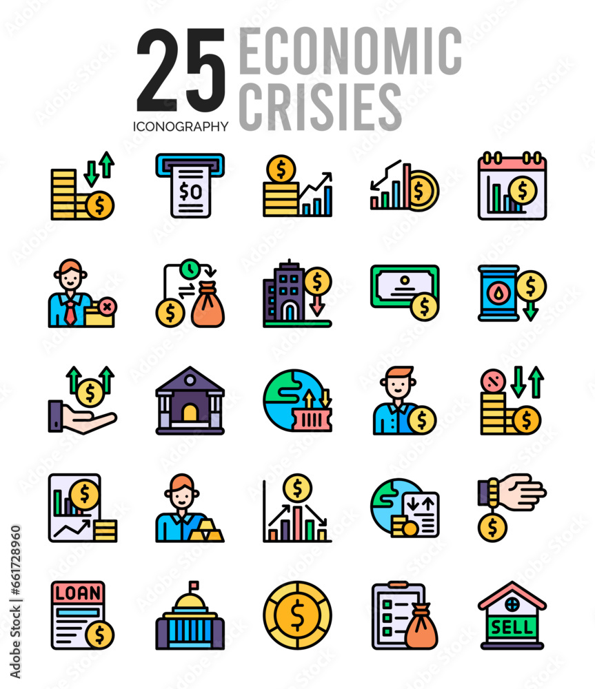 Wall mural 25 Economic Crisies Lineal Color icon pack. vector illustration.