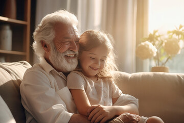 An elderly man with a little girl in the room. They hug, have fun and rejoice at the meeting. Meeting of granddaughter and her grandfather. Caring for the elderly. Family values.