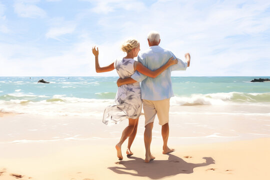 An elderly couple in love, a man and a woman, are hugging on the beach by the sea. Older lovers are happy. Seniors dating. Relationships in old age. Love and romance.