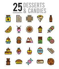 25 Desserts and Candies Lineal Color icon pack. vector illustration.