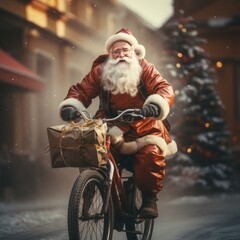 Portrait of Santa Claus riding a bicycle and smiling. A man dressed in a red costume brings New Year's gifts to children.