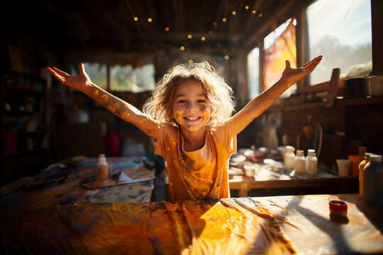 Smiling child with stained t-shirt and spotted colorful drawing studio background looking into the camera with playful look. Empty space place for text, copy paste. Bored kid staying alone at home