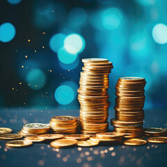 Gold coins on dark blue background, business concept.
