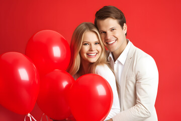 Fototapeta na wymiar Happy young couple with heart-shaped balloons