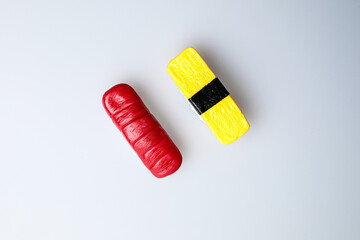 Fresh fruit, vegetables, delicious food, Sushi, 
Hamburger and pizza. Colorful educational toys from cute kids.