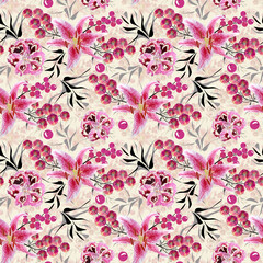 Seamless bright retro floral pattern. Red, pink flowers on a beige background.