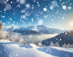 Fototapeta na wymiar Serenade of Snow Soft Snowflakes Sky and Mountain Mist