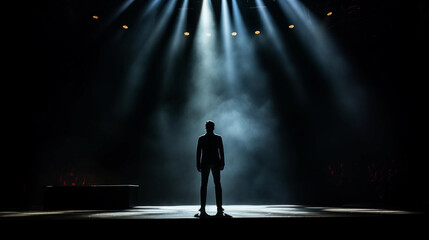 The Silhouette of a Person Standing on a Stage Lit by Spotlights - obrazy, fototapety, plakaty