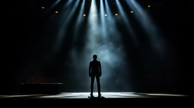 The Silhouette of a Person Standing on a Stage Lit by Spotlights