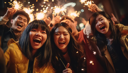 Cheerful friends taking selfies, Chinese New Year concept - obrazy, fototapety, plakaty