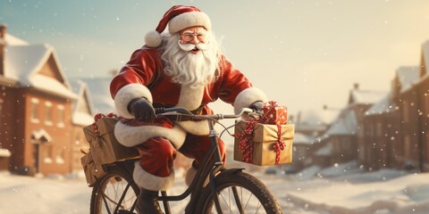 Portrait of Santa Claus riding a bicycle and smiling. A man dressed in a red costume brings New Year's gifts to children. Snow on the street. - obrazy, fototapety, plakaty