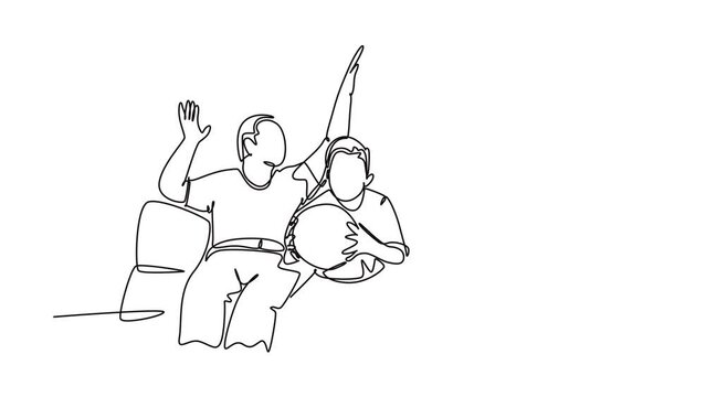 Animated self drawing of continuous line draw fans siting on sofa and watching their favorite club playing match on television and giving high five gesture. Fans club. Full length one line animation