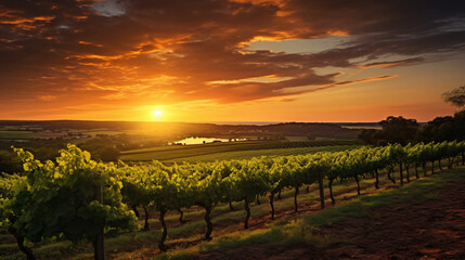 A vineyard with a sunset in the background