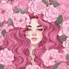 a girl staring straight ahead surrounded by pink roses