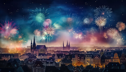 Fireworks on the modern city, the concept of Christmas and New Year - obrazy, fototapety, plakaty