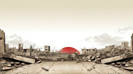 abstract painting background of destroyed buildings and red sun