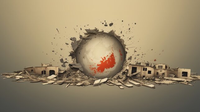 abstract painting background of destroyed buildings and red sun