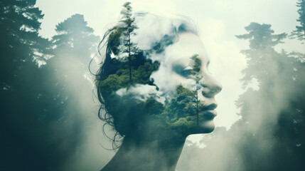 A womans face with trees and clouds