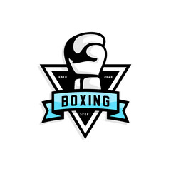 boxing sport logo, boxing gloves with a triangle background and a ribbon that says boxing