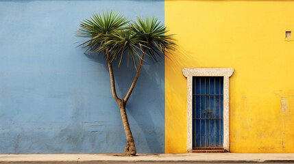 A yellow building with a blue door and a palm tree.
