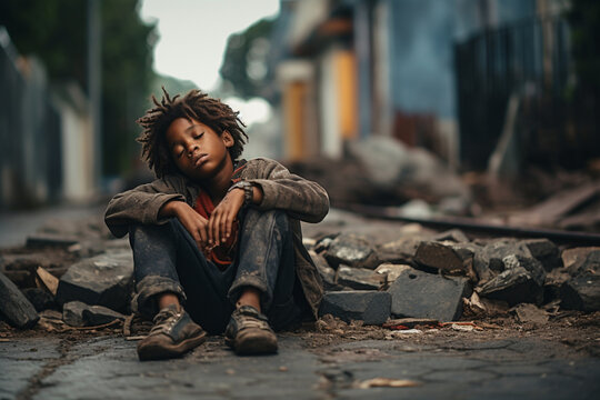 Homeless African boy sleeping in dirty clothes sitting outside on street, feeling anxious, despair and tormented with no attention and empathy. Social economic problems third countries concept