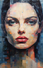 Beautiful Dramatic Young Girl Portrait Painting Geometric Brush Strokes Background