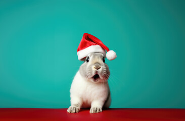 Lapin festif en bonnet de Noël sur fond turquoise. Lapin avec un chapeau de Père Noël rouge sur la tête. Joyeux Noël. Fond vert. Espace libre pour du texte.  - obrazy, fototapety, plakaty