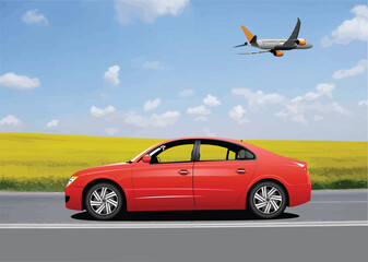Orange car sedan on field background and plane. 3d color vector illustration