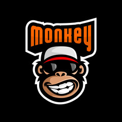 monkey logo, vector monkey wearing a hat and sunglasses laughing